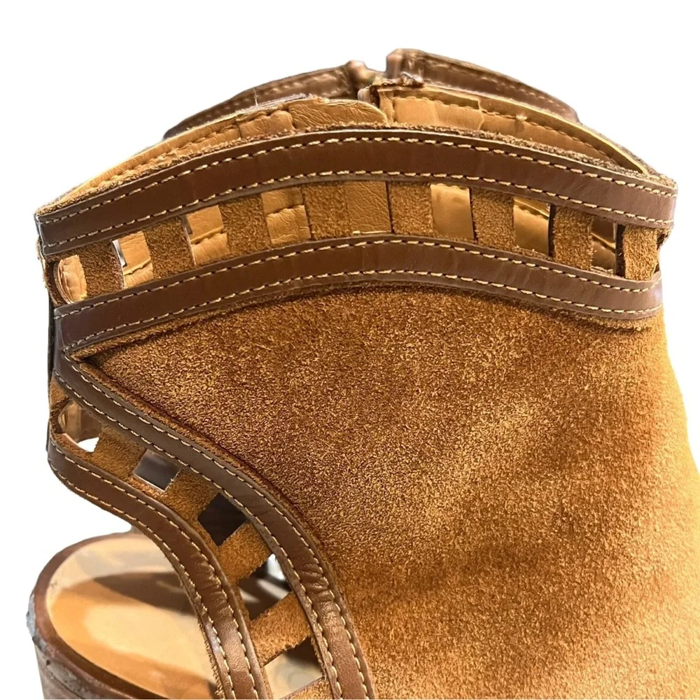 Franco Sarto 9.5 Greenwich Cognac Heeled Ankle Boots Booties Open Back Peep Toe - Picture 4 of 12